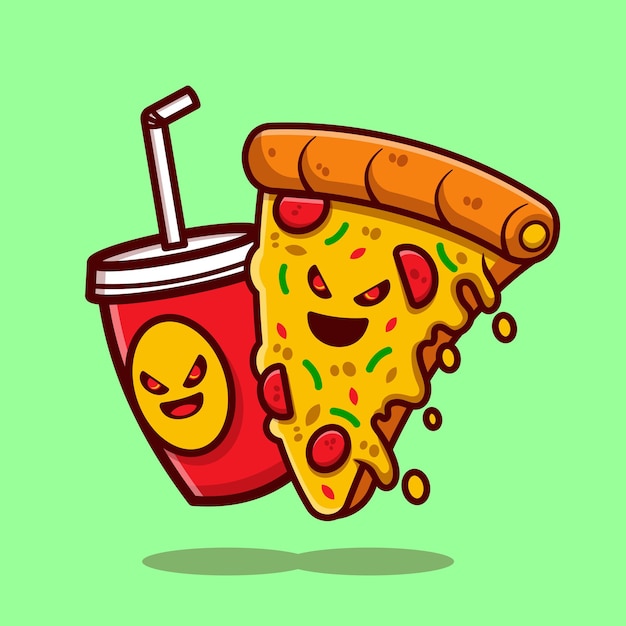 Soda and slice of pizza melted cartoon illustration