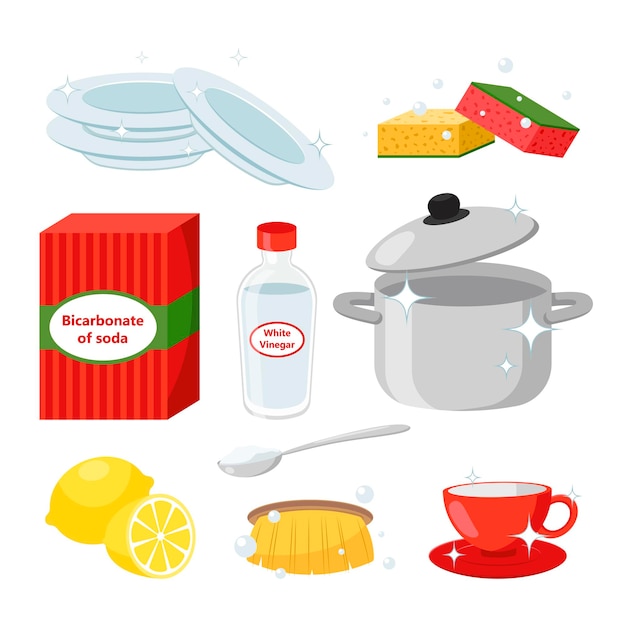 Soda vinegar and clean dishes vector illustrations set