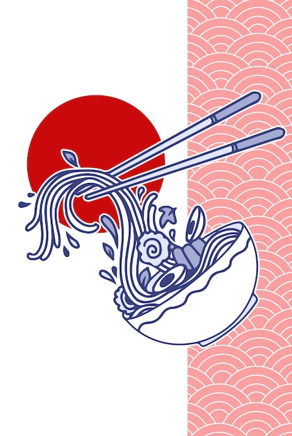 Soep met ramen noodles Noodles Vector illustratie Traditioneel Aziatisch Japans eten in zon rode cirkel met textuur Vector illustratie