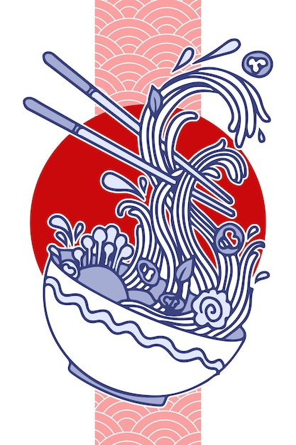 Soep met ramen noodles Noodles Vector illustratie Traditioneel Aziatisch Japans eten in zon rode cirkel met textuur Vector illustratie