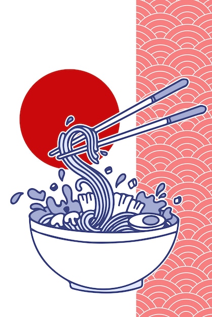 Vector soep met ramen noodles noodles vector illustratie traditioneel aziatisch japans eten in zon rode cirkel met textuur vector illustratie