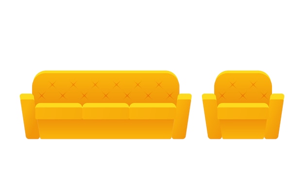 Sofa, bank, fauteuil pictogram. . Meubels in flat. Geanimeerd geel huismateriaal voor geïsoleerde woonkamer. Cartoon set elementen voor de lounge.