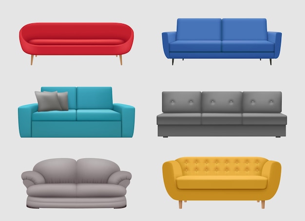 Vector sofa comfortable realistic furniture for lounge room modern interior items colorful sofa decent vector illustration templates