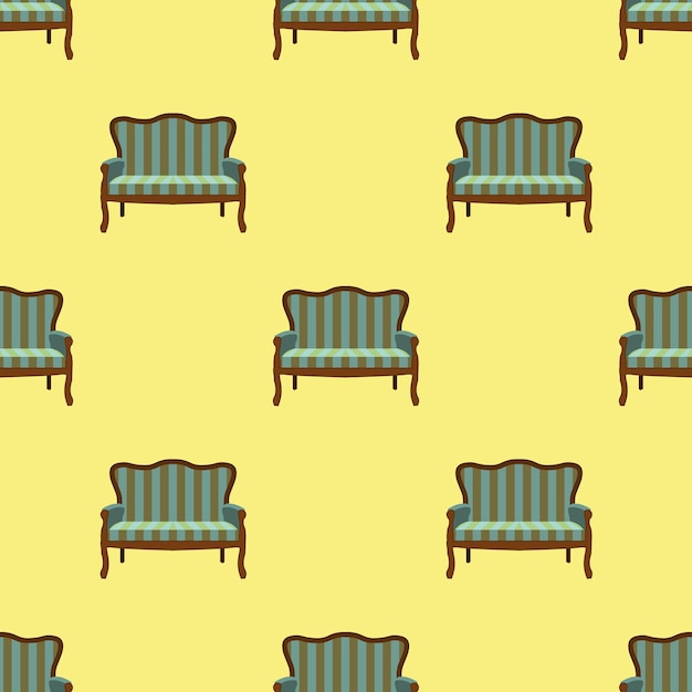 Sofa doodle seamless pattern on yellow background vector illustration