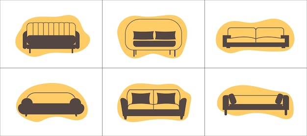 Sofa icons set in flat style Furniture icons on abstract shapes backgrounds