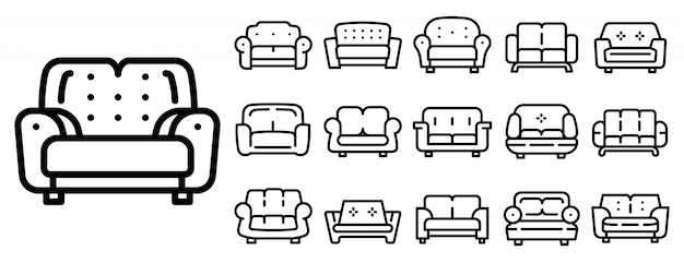 Sofa icons set, outline style