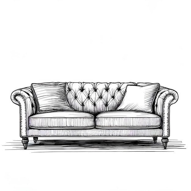 Sofa ink sketch drawing black and white engraving style vector illustration