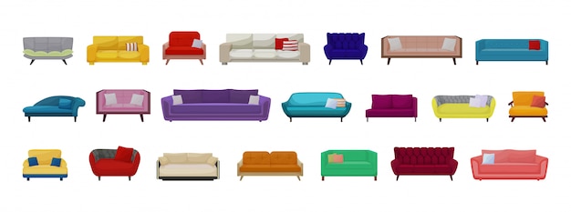 ソファ分離漫画セットアイコン。白い背景の上のイラストのソファ。家具漫画は、アイコンを設定します。