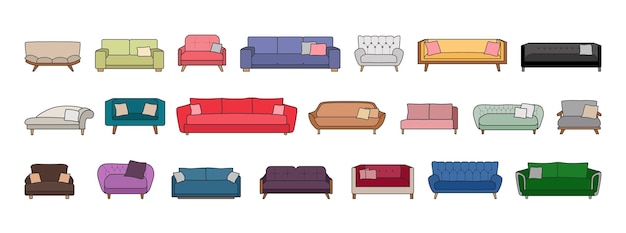Sofa isolated color set icon Vector illustration couch on white background Furniture color set collection icons