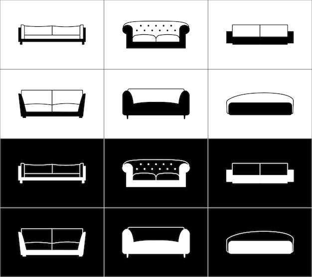 Sofa outline icons set Vector illustration Black and white