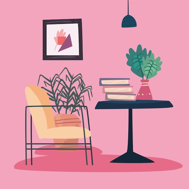 Vector sofa and table with books scene