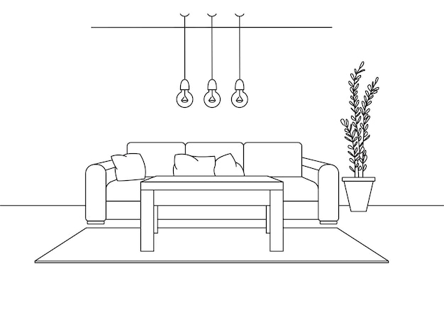 Sofa tafel drie laaghangende lampen boven de tafel Lineaire schets van het interieur in een moderne stijl