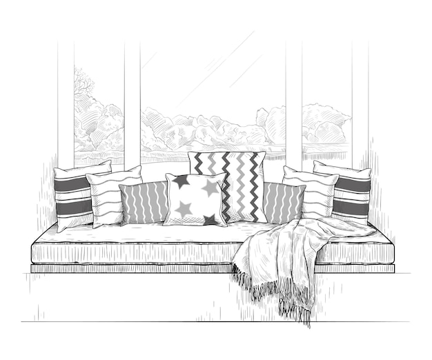 The sofa on the windowsill Window seat Handdrawn illustration in vintage style Interior sketch