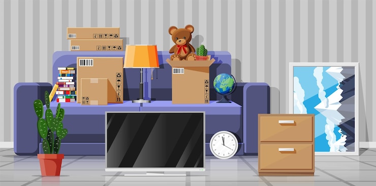 Vector sofa with cardboard boxes with household items
