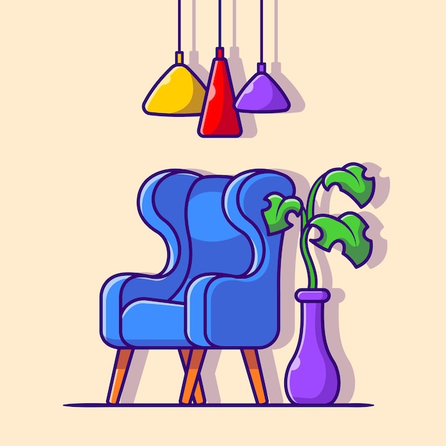 Sofa With Plant and Light Cartoon Vector Icon Illustration. Interior House Icon Concept Isolated Premium Vector. Flat Cartoon Style