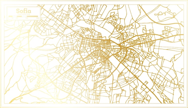 황금 색상 개요 지도에서 복고 스타일의 소피아 불가리아 도시 지도