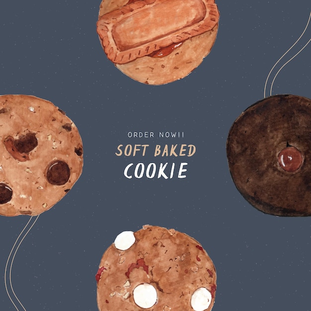 Soft baked cookie, hand draw water color vector.