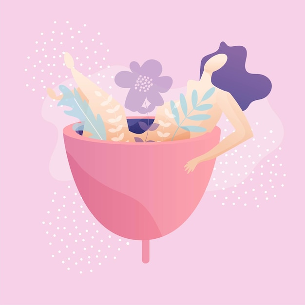 Soft and beautiful illustration of woman in menstrual cup with flora decorations in pink background