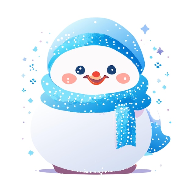 Soft blended watercolor illustration of a cute snowman in the north pole 2d style childrens wate