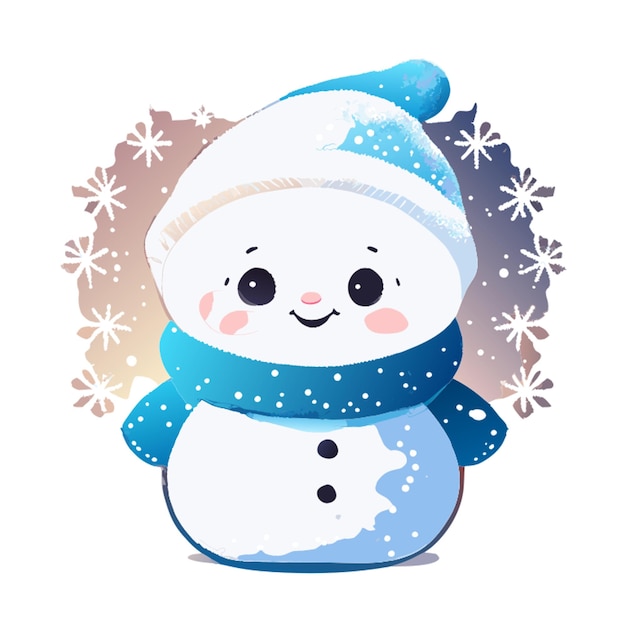soft blended watercolor illustration of a cute snowman in the north pole 2d style childrens wate