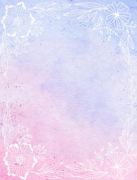 Soft bright frame watercolor background with line art floral