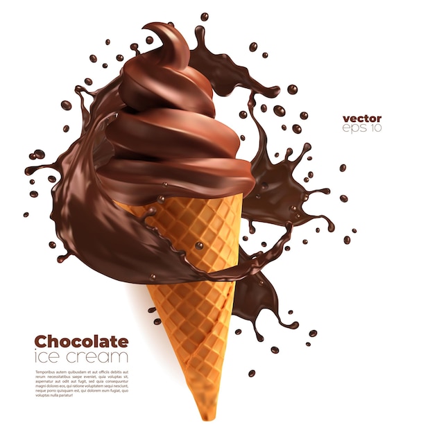 Vector soft chocolate ice cream cone with swirl splash