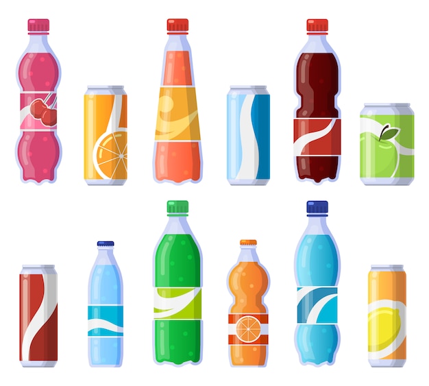 Soft drink cans and bottles. Soda bottled drinks, soft fizzy canned drinks, soda and juice beverages   illustration icons set. Beverage fizzy juice, soda in plastic and tin