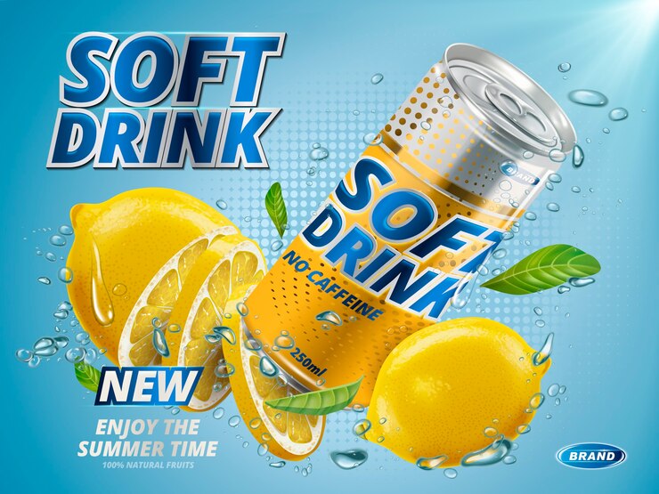 Vector soft drink lemon flavor contained in yellow metal can, underwater