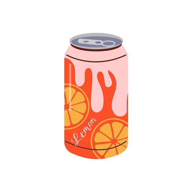 Vector soft drink vector illustration of aluminum can of soda drink with juicy lemons and colorful label
