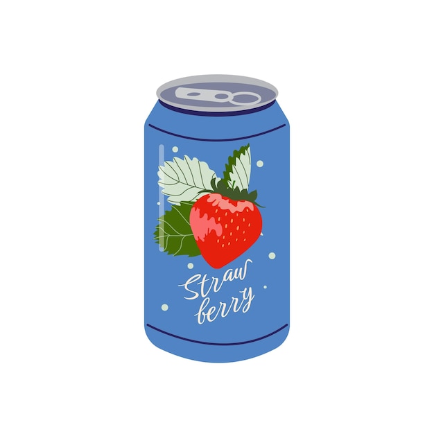 Soft drink Vector illustration of aluminum can of soda drink with juicy strawberry and colorful