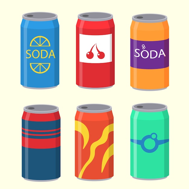 Soft drinks in plastic and aluminum packaging set bottled soda drink flat design vector