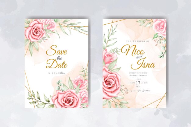 Soft elegant wedding invitation card template with watercolor floral and leaves