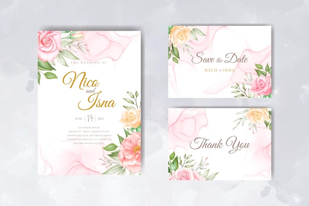 水彩花柄と葉を持つ柔らかくエレガントな結婚式の招待カードテンプレート