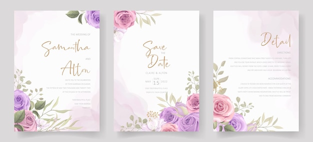 柔らかい花と葉の結婚式の招待カードのデザイン