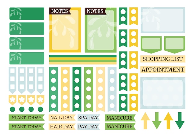 Soft green and yellow colorful weekly planner stickers set for agenda notebook diary a5 format
