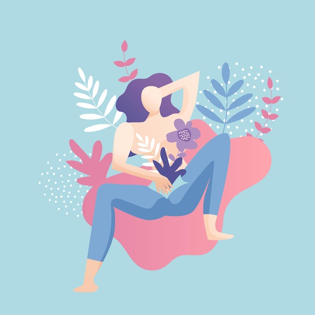 Vector soft illustration of masturbating woman sitting and fingering with ornamental decoration