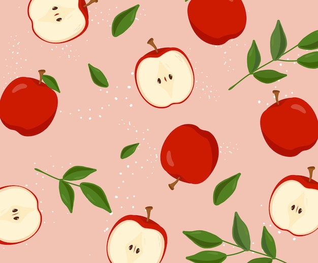 Vettore morbido sfondo a motivi geometrici con illustrazione di foglie di frutta mela set tessuto sullo sfondo del modello di frutta