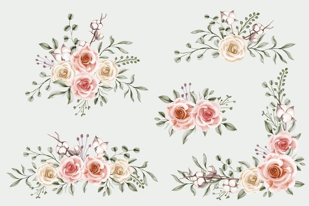 Vector soft peach pink pastel watercolor floral arrangement collection