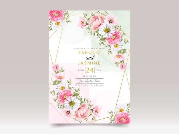 Modello di biglietto d'invito per matrimonio con fiori rosa tenue e verde tenue