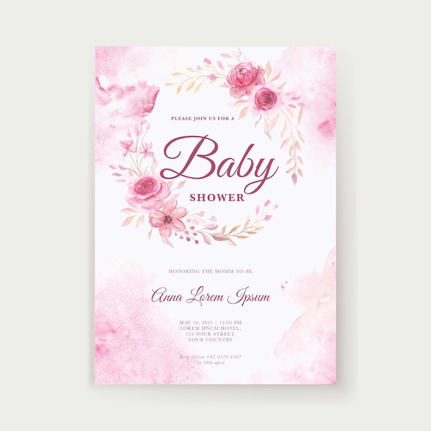 Vector soft pink watercolor floral baby shower invitation template