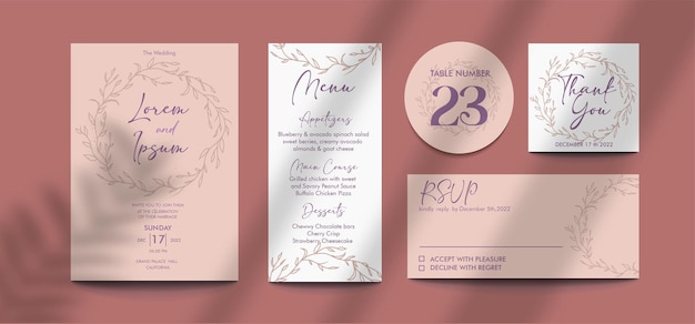 soft pinky wedding invitation with wreath and foliages doodles