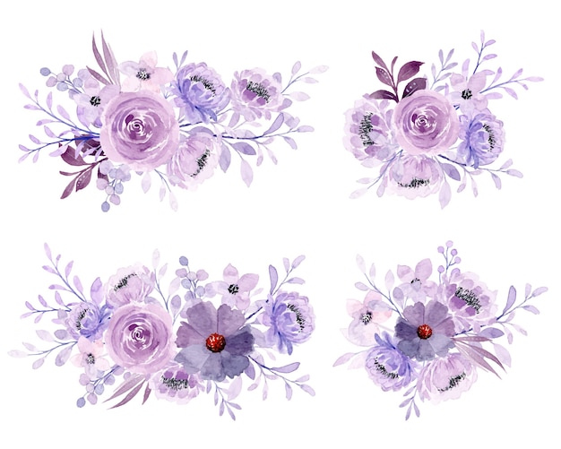 Vector soft purple watercolor floral bouquet collection