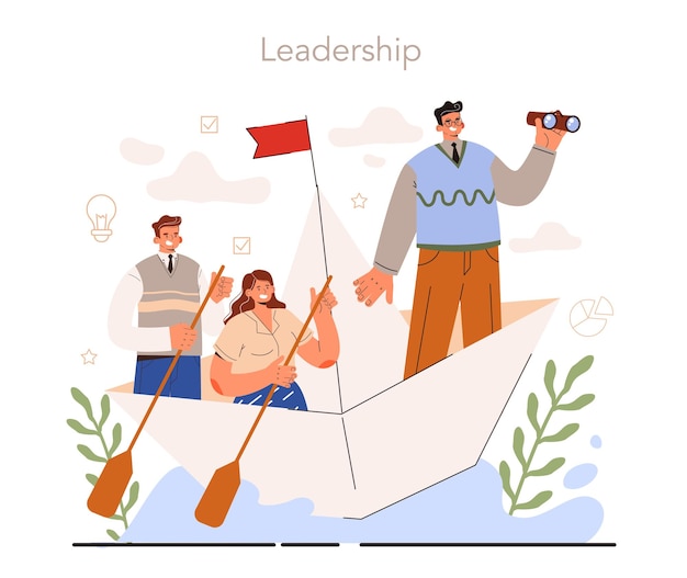 Vector soft skills concept. business people or employee with leadership skill. manager leading a workteam. strategy and business planning. workers support each other. flat vector illustration