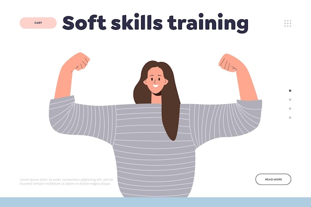 Soft skills training landing page with happy smiling woman freelancer character showing muscle