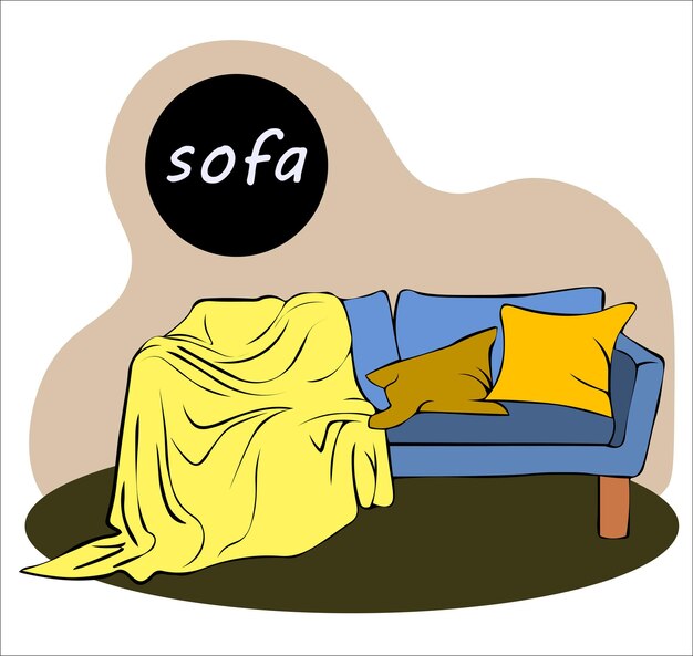 Vector soft sofa on legs with pillows and yellow blanket for relaxation upholstered furniture for interior