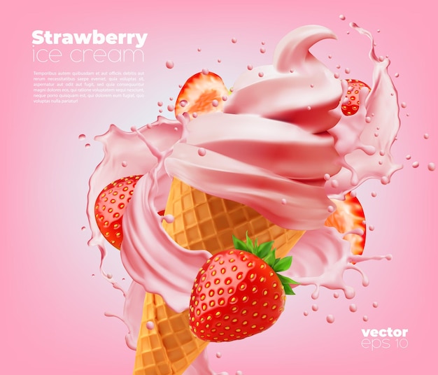 Soft strawberry ice cream cone with swirl splash