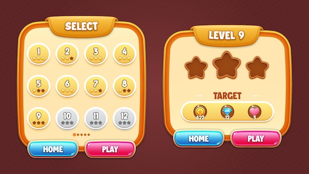 Soft style game UI vector set - select level and level start popup, Button with editable text effect