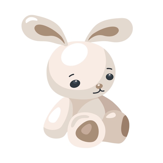 Vector soft toy baby teddy bunny, beige rabbit is drawn in cartoon cute kawaii style. vector illustration