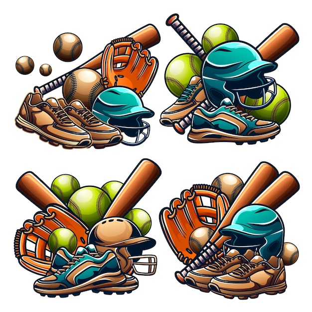 Vector softball gradient cartoon mini compositions set