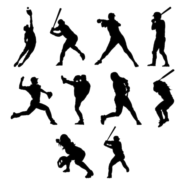 Vector softball player black silhouette set vector